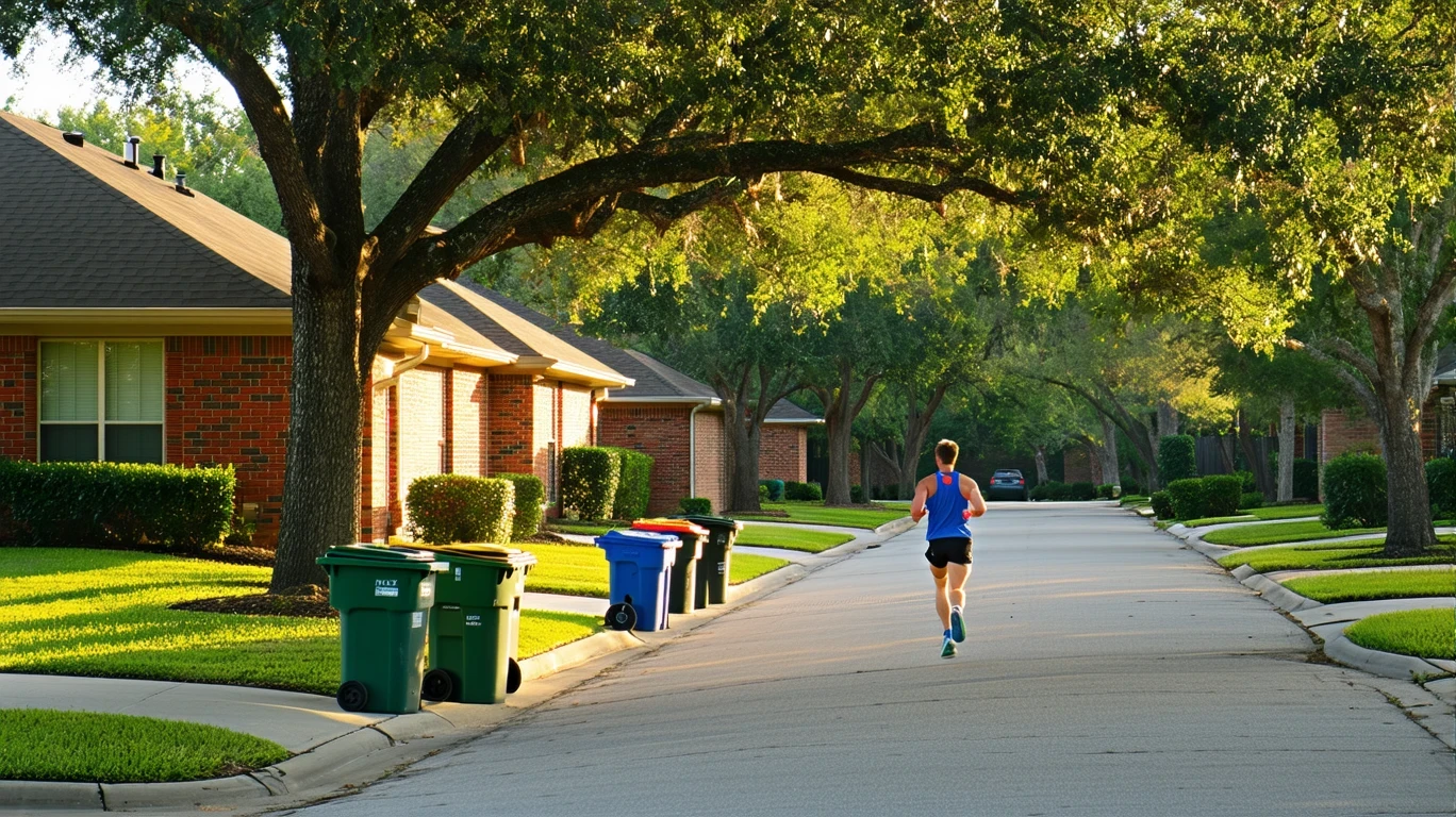 A suburban street lined with brick homes and recycling bins. A jogger runs past.