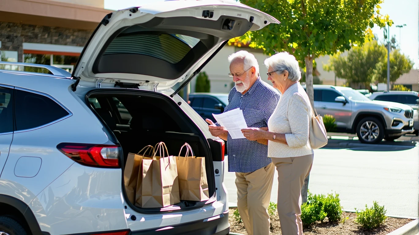An older couple reviewing a grocery receipt beside their car trunk filled with shopping bags in a store parking lot.