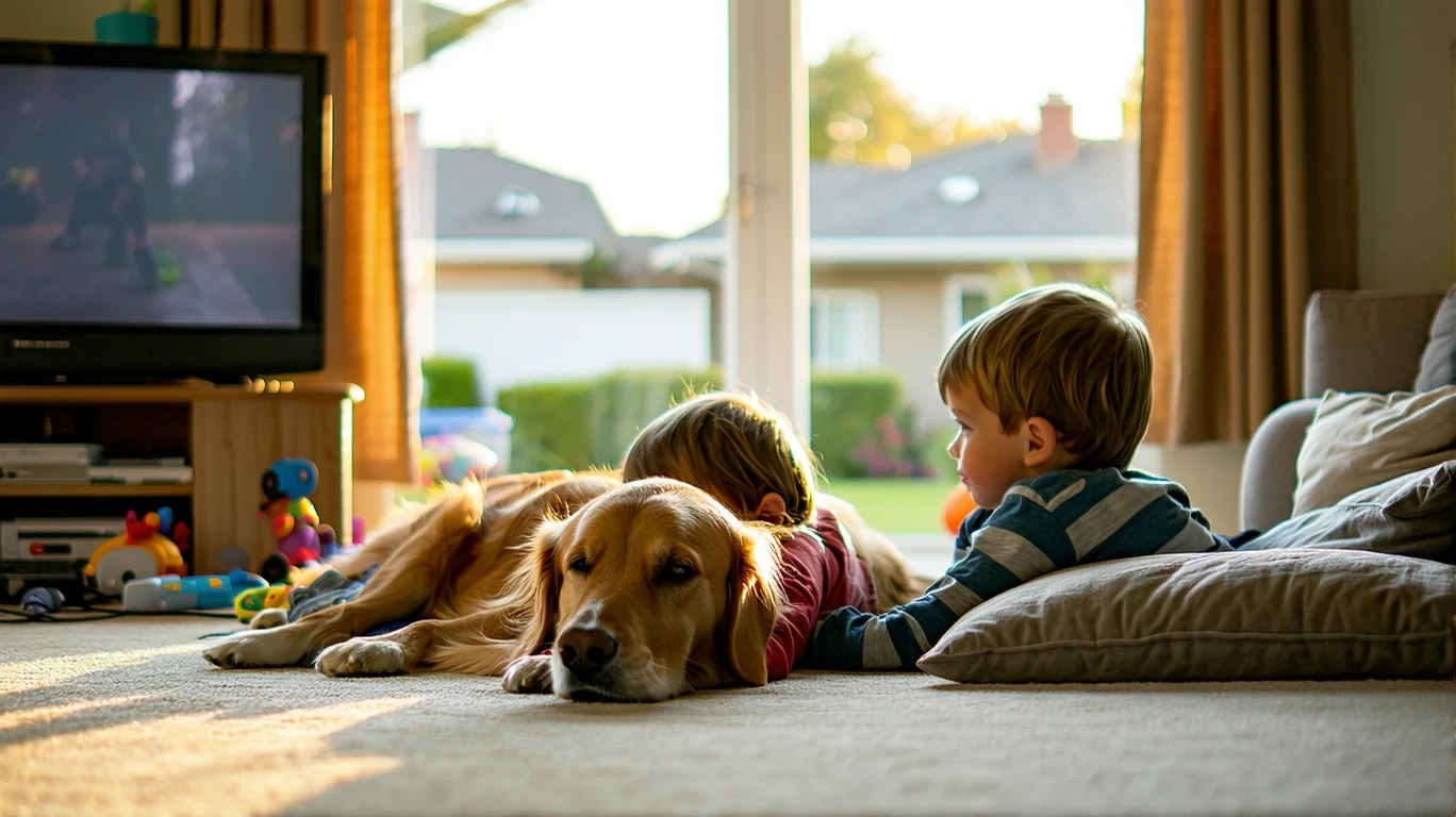Two kids lying on the floor watching TV, with a dog sleeping between them, in a sunlit living room.