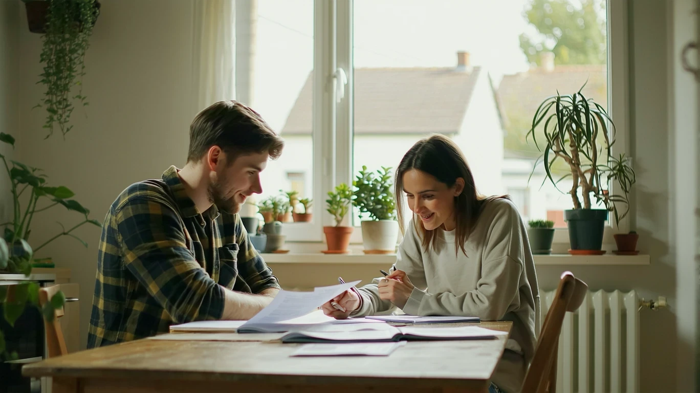 A young couple reviewing their budget at a kitchen table in a Fountain Valley apartment.