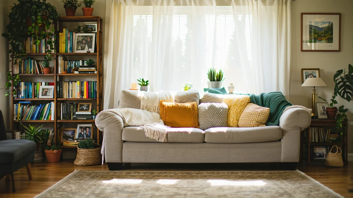 A sunlit living room with a couch, bookshelf, and sheer curtains in a Fountain Valley home.