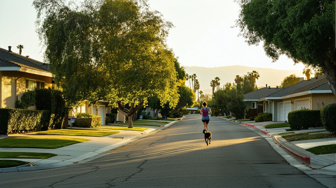 Suburban street in Fountain Valley with single-story homes, trees, and a woman jogging with her dog in the early morning light.