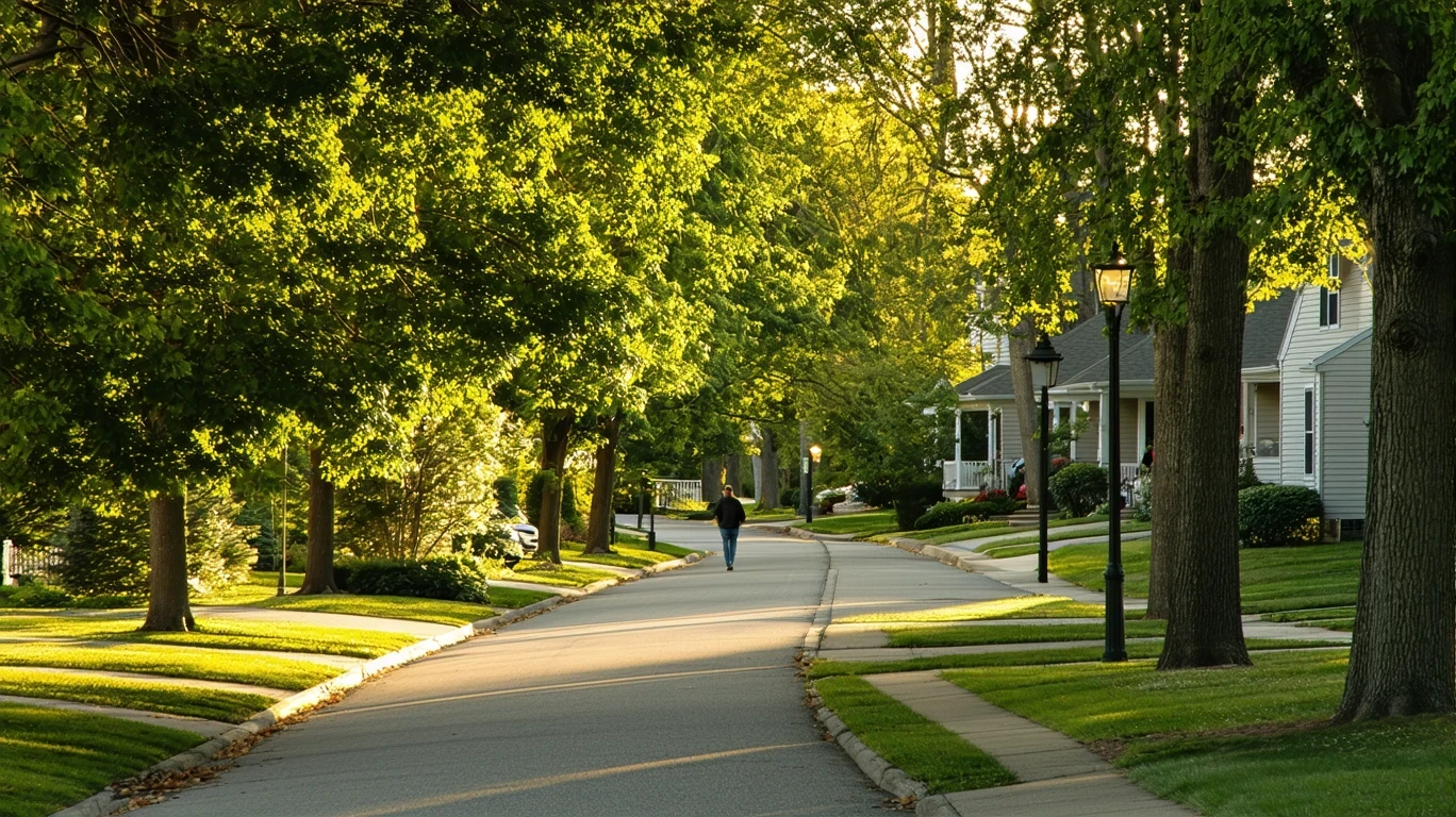 Tree-lined suburban street with sidewalk curving past well-kept homes