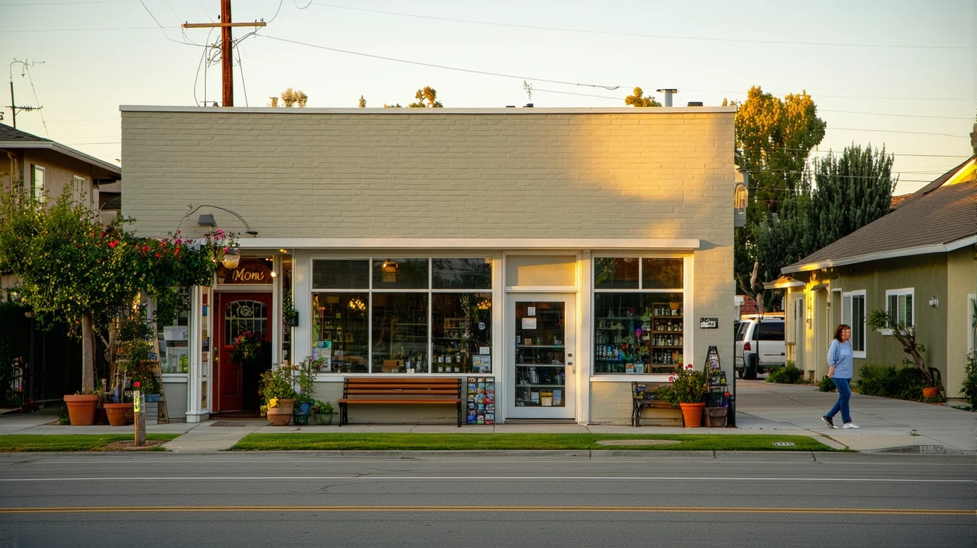 Quaint mom-and-pop shops next to a quiet residential street in Fountain Valley at dusk.