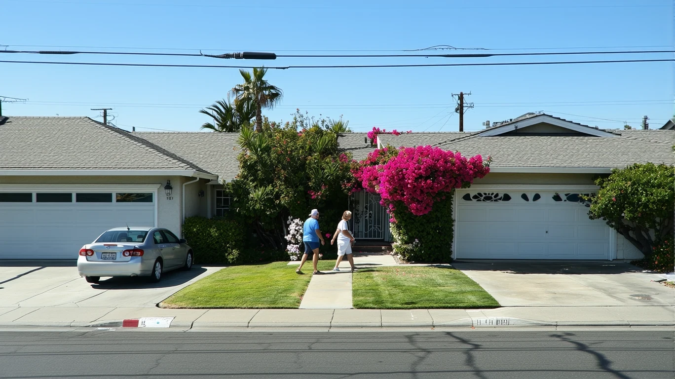 Residential street corner in Fountain Valley with single-family homes, patchy lawns, parked car, and a couple walking on the sidewalk.