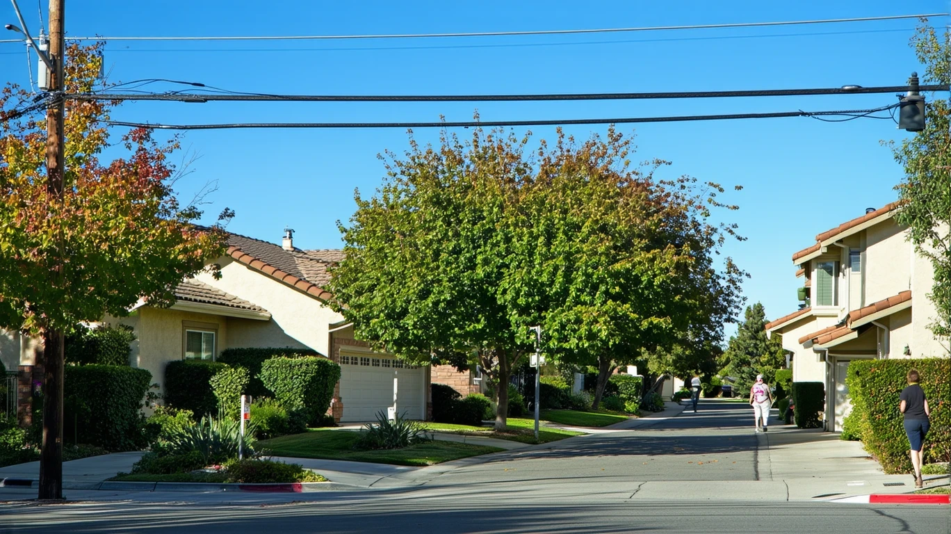 A tree-lined suburban street in Fountain Valley, California, with sunlight filtering through maple branches and telephone wires stretching overhead.