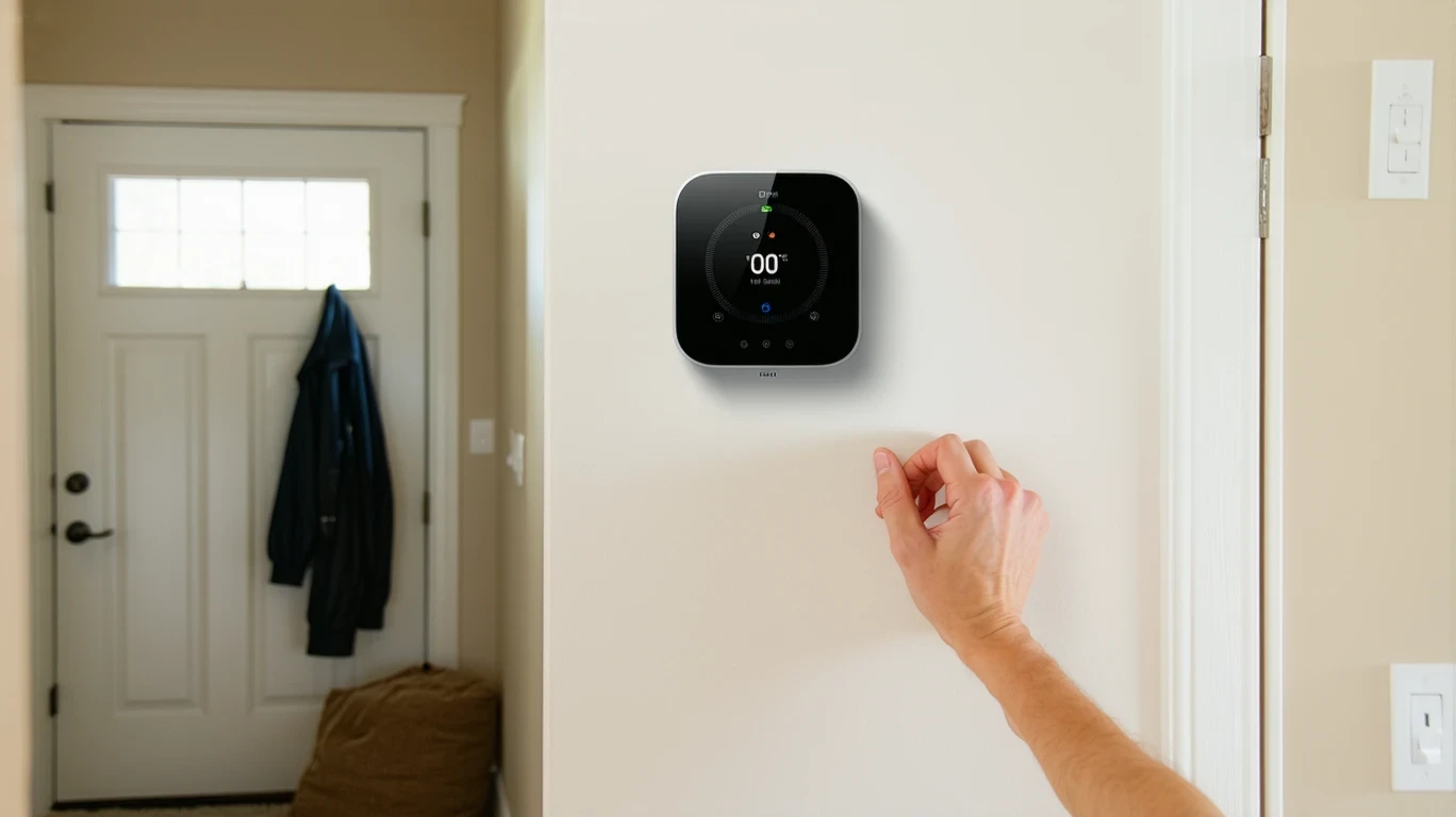 A person's hand adjusting a smart thermostat mounted in a residential hallway.