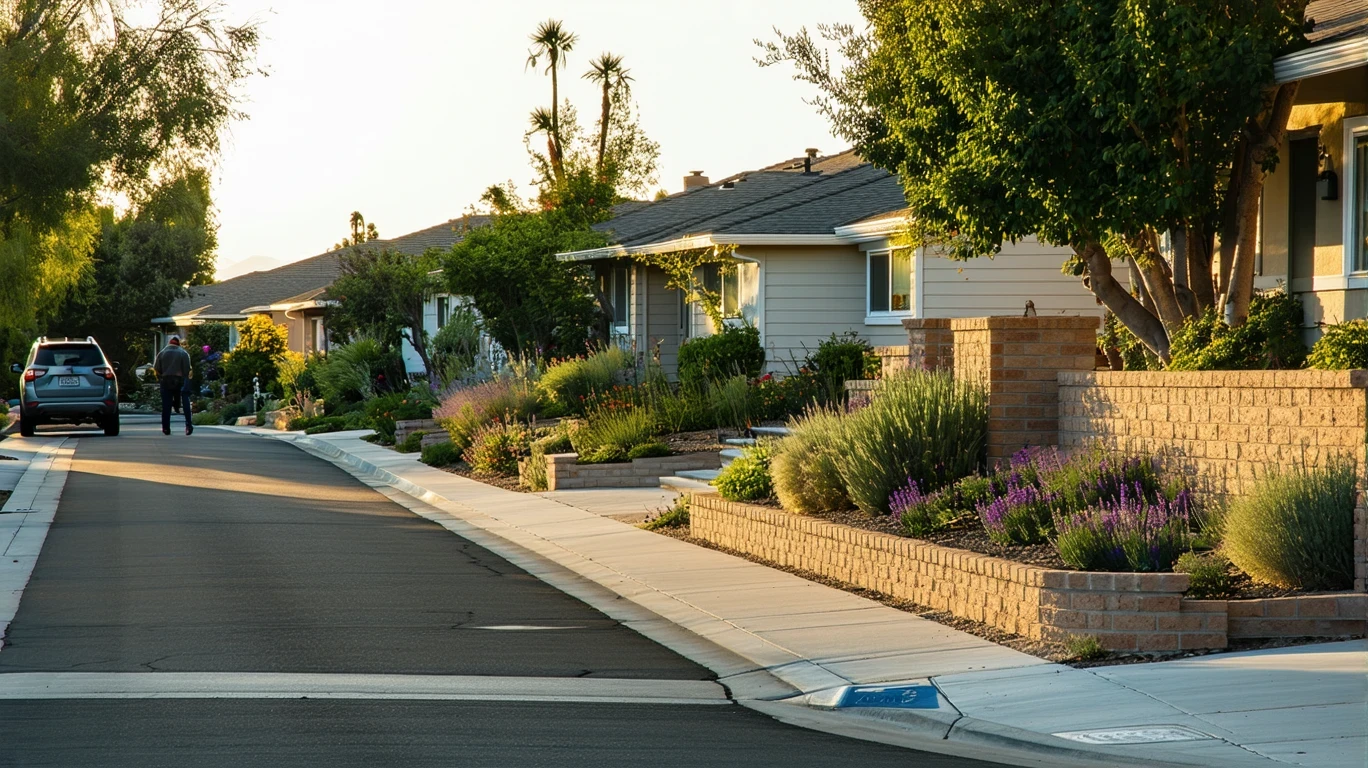 Suburban cul-de-sac in Fountain Valley, CA with homes, landscaping, and morning shadows