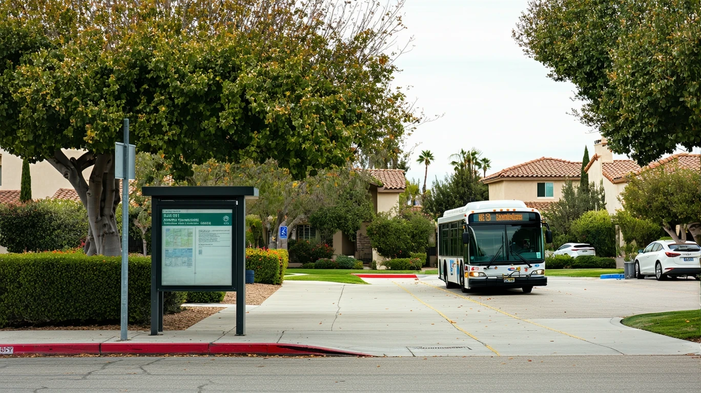 A shuttle stop with faded signage on an overcast day in a suburban neighborhood, a shuttle bus idling nearby.