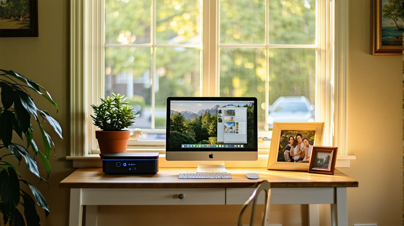 A home office desk with an ethernet cable connecting to a modem and Wi-Fi router.