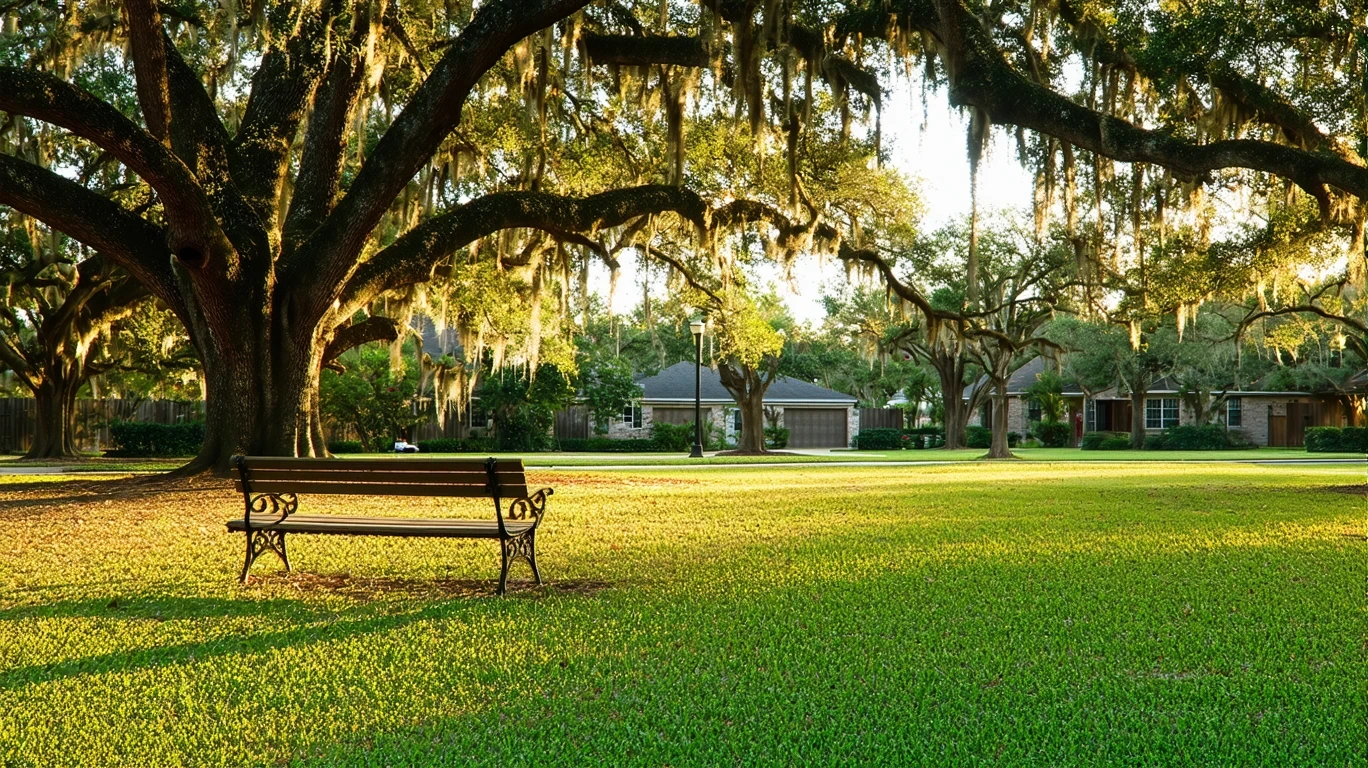 A quiet park lawn beneath old oak trees, with empty benches and golden-hour light stretching across the grass in Friendswood, TX.