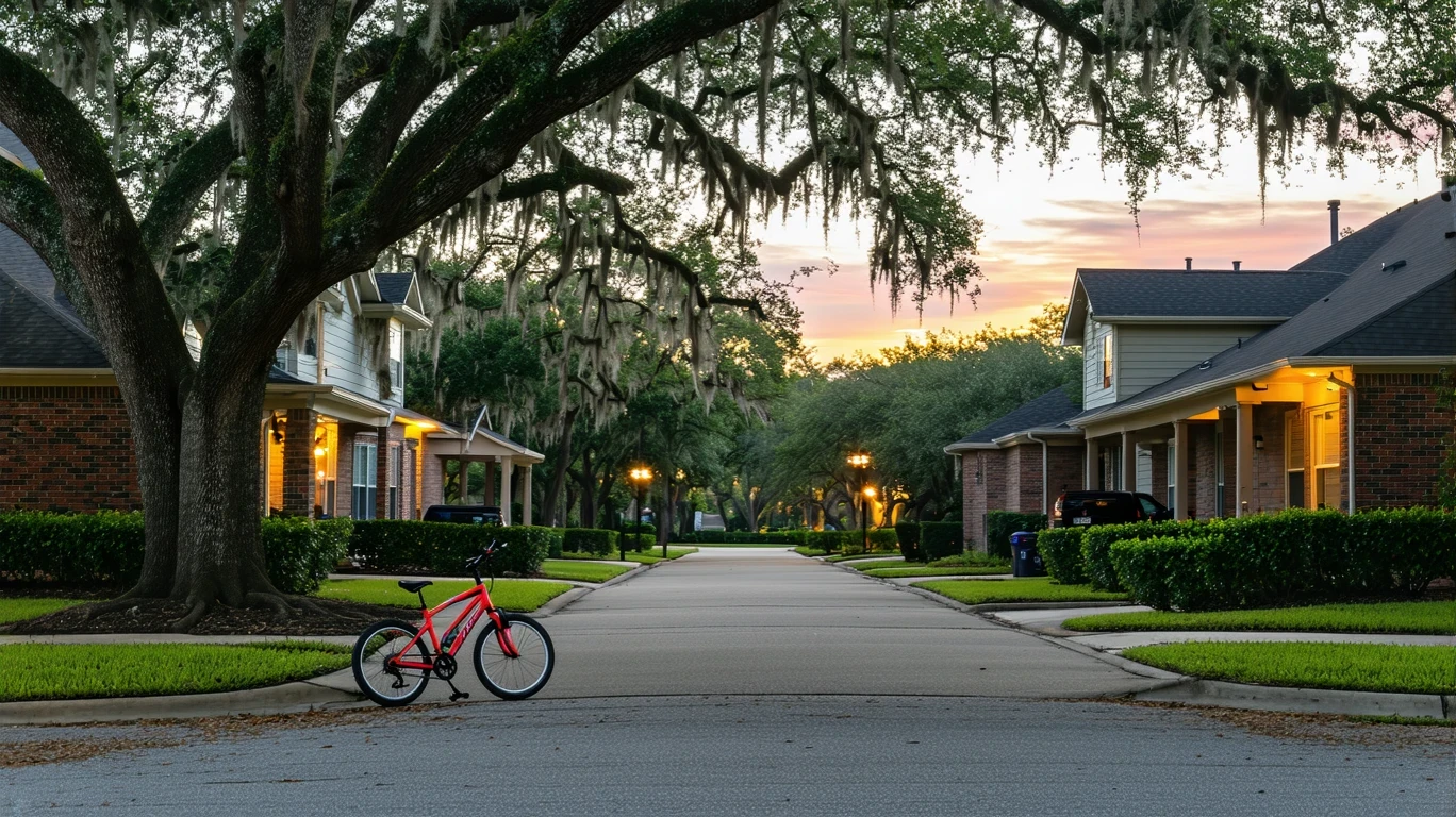A quiet cul-de-sac in Friendswood, TX at dusk, with porch lights illuminating well-kept homes and a child's bicycle near the curb.