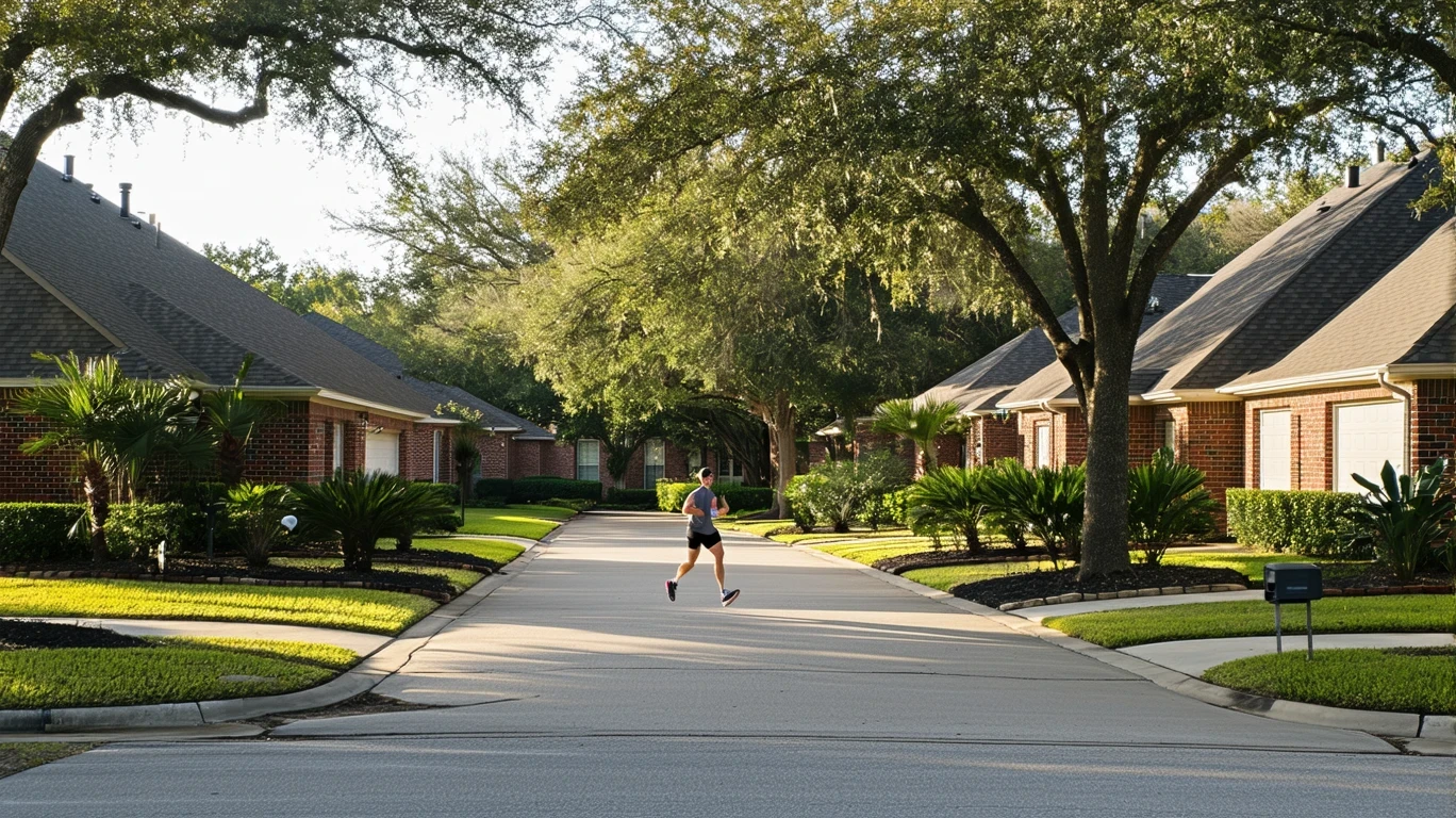 A tidy cul-de-sac in Friendswood, Texas on a sunny morning, with brick homes, manicured lawns, and a jogger on the sidewalk.