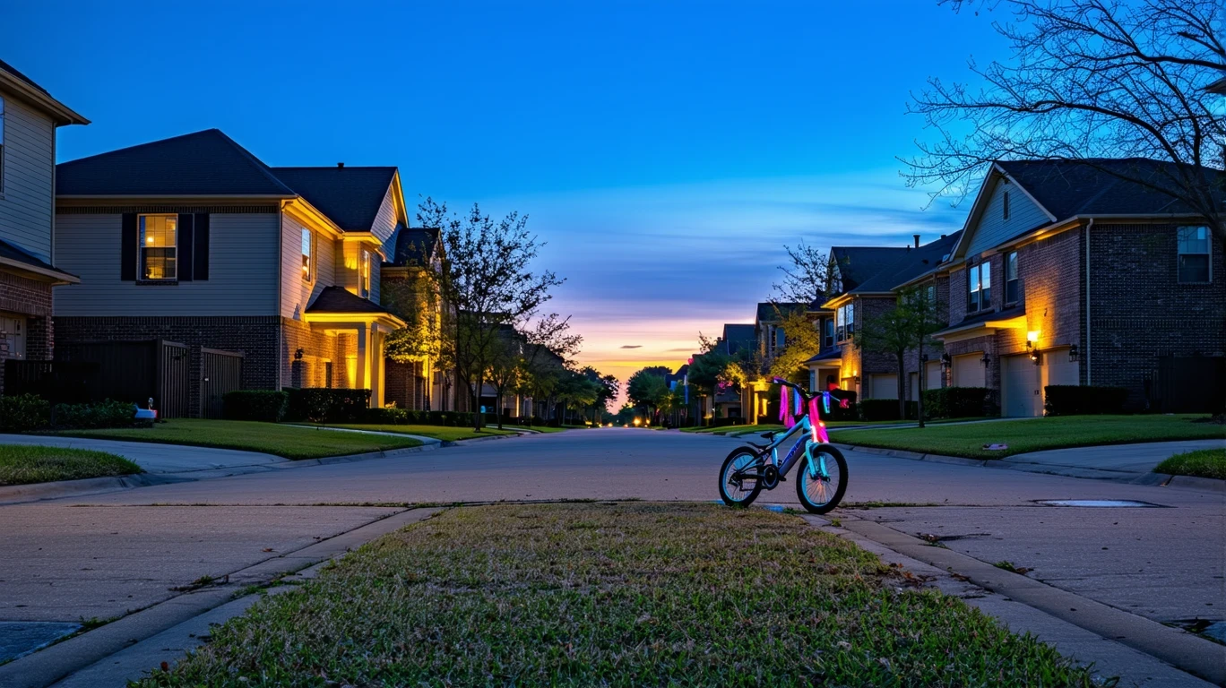 A cul-de-sac in Sugar Land, Texas at twilight, with two-story homes, glowing porch lights, and a child's bicycle lying near the curb.