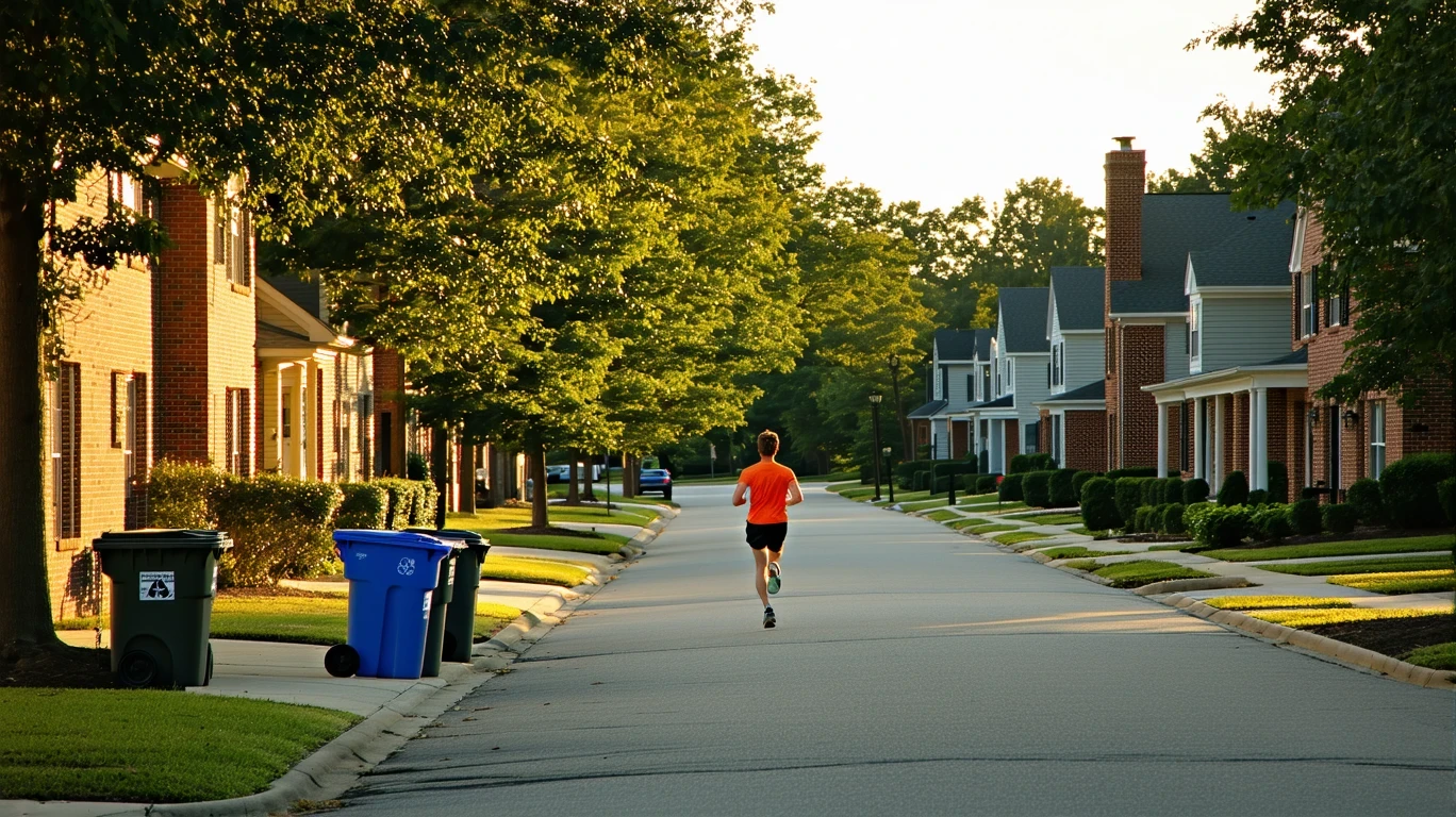 A quiet suburban street in Fuquay Varina lined with red-brick homes, trash bins by the curb, and a jogger running past.