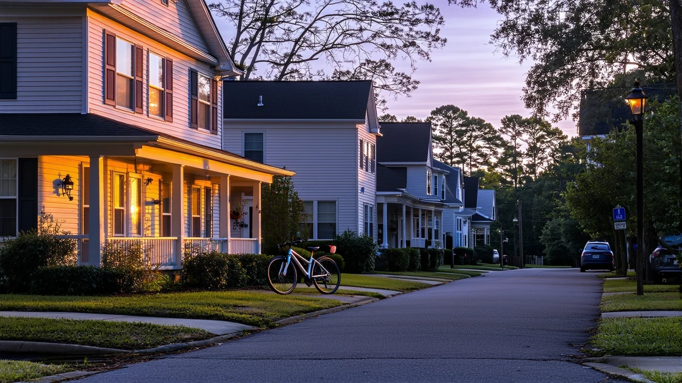 A quiet cul-de-sac in Fuquay Varina, North Carolina at dusk, with porch lights coming on and a child's bicycle near the curb.