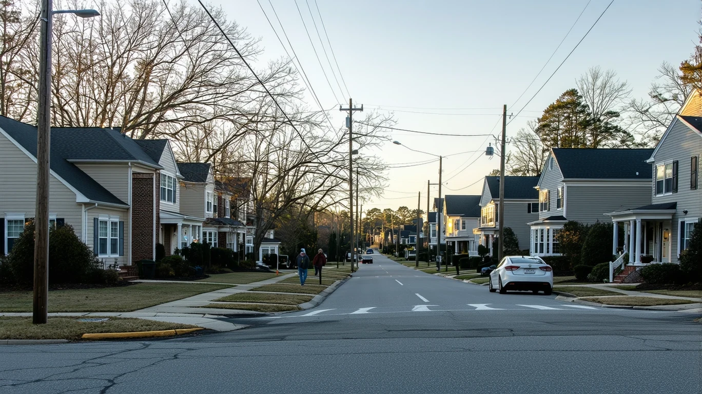 A tree-lined residential street corner in Fuquay Varina with small yards and an older car parked on the curb.
