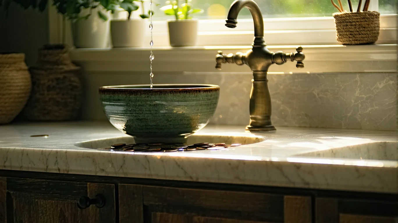 A faucet dripping water into a ceramic bowl filled with coins on a bathroom counter.
