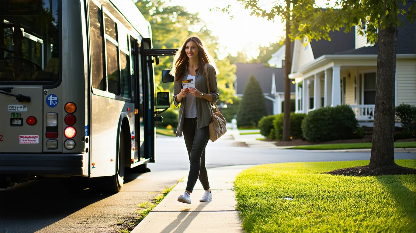 Woman boarding regional shuttle bus in suburban setting, holding transit card