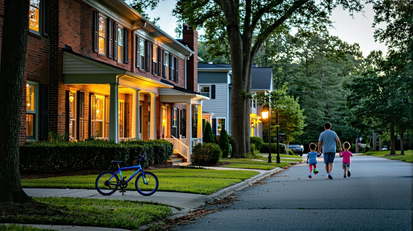 A residential cul-de-sac in Fuquay Varina, NC at dusk with porch lights on and a child's bicycle near the curb.