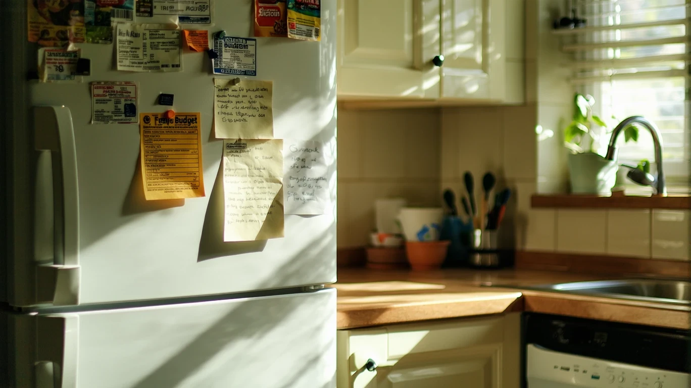 Close-up of a fridge door with handwritten budget notes and coupons held by magnets.