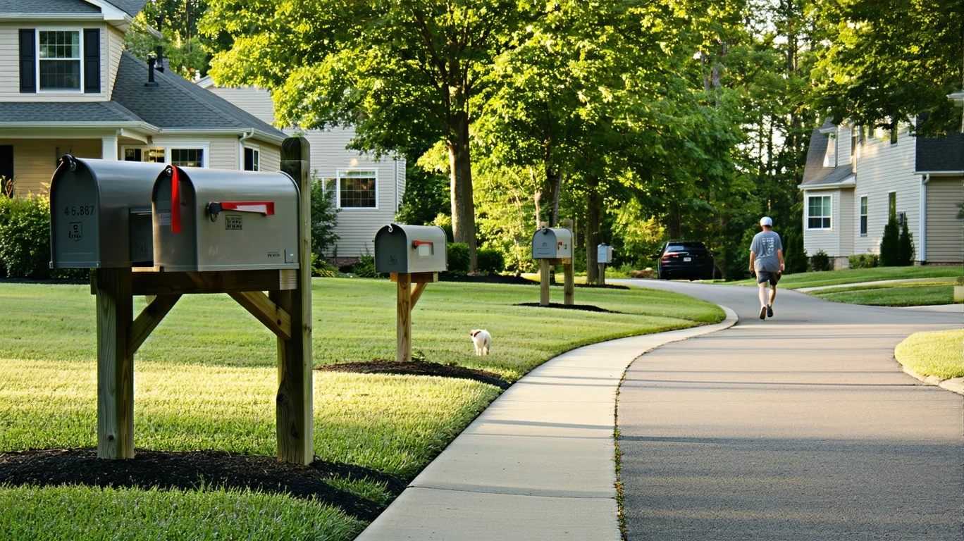 A sunlit suburban sidewalk curving past gray mailboxes, with Craftsman-style homes visible in the background in Fuquay Varina, North Carolina.