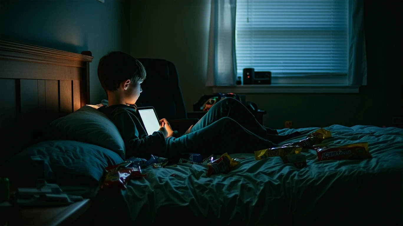 Teen boy on bed at night looking at glowing tablet screen in messy bedroom