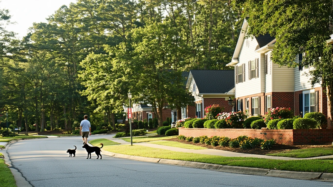 Suburban cul-de-sac in morning light with brick wall, native plants, sidewalks and ranch houses.