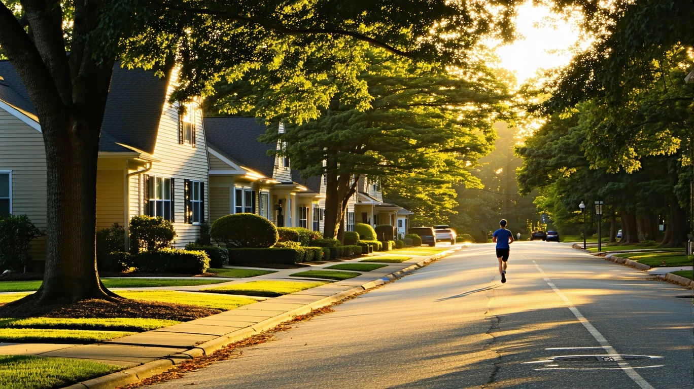 Quiet residential street in Fuquay Varina with one-story homes and leafy trees in early morning light, a jogger on the sidewalk.
