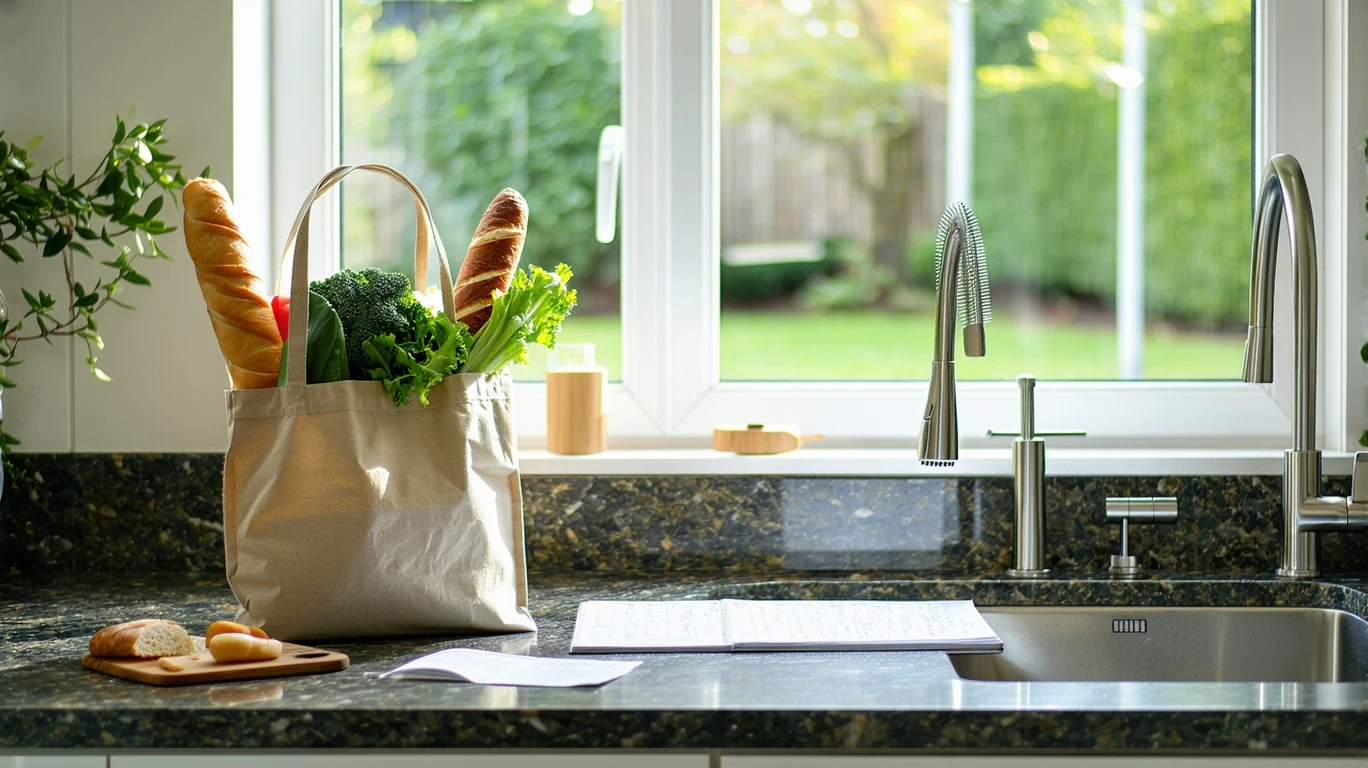 A grocery bag, shopping list, and receipts on a sunlit kitchen counter in a Fuquay Varina home.