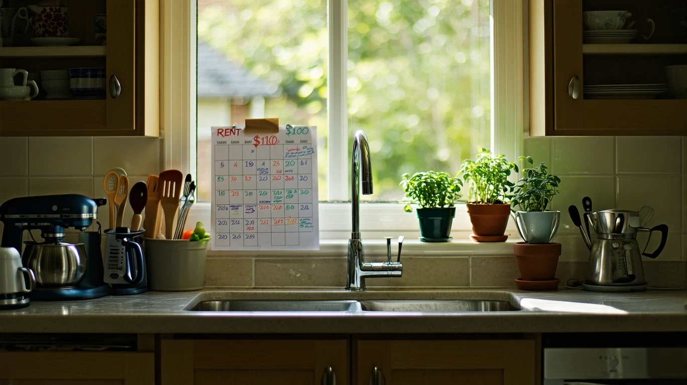A kitchen calendar with circled payment dates and reminders pinned next to a wall phone.