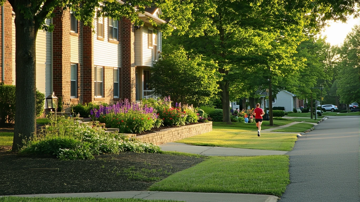 Suburban cul-de-sac in Gahanna, Ohio with homes, trees, and native plants.