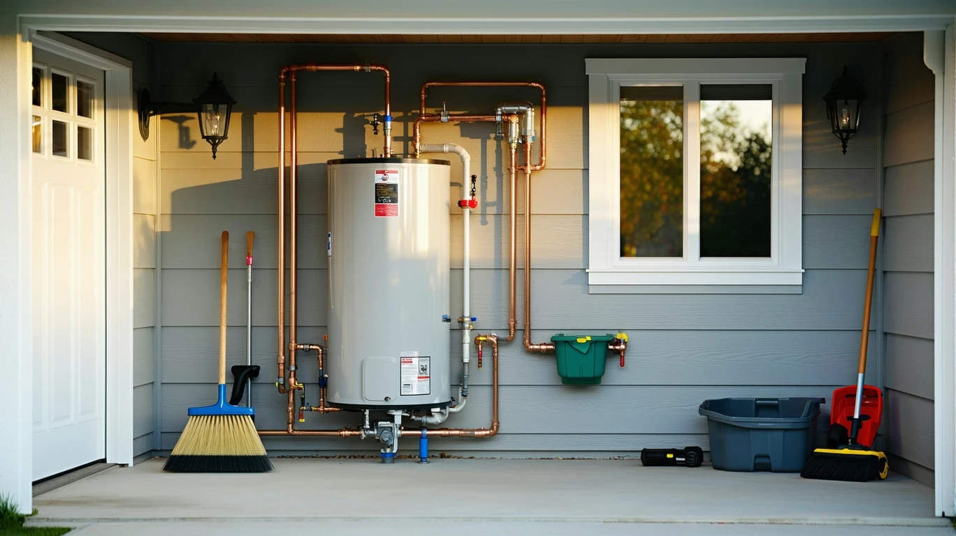 A tidy garage corner with a water heater, piping, and a broom in soft natural light.