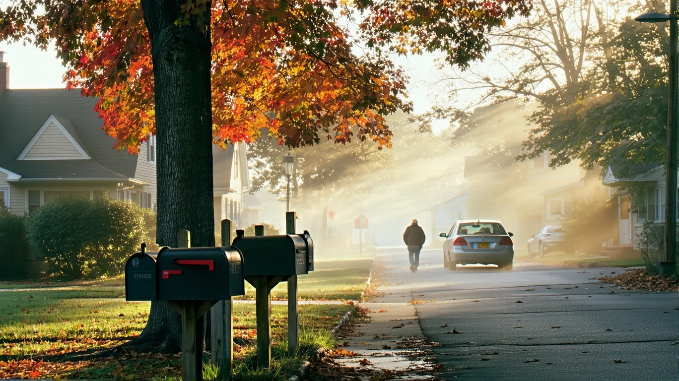 A foggy morning street in a Midwestern suburb with mailboxes, a parked car, and a person walking in the distance.