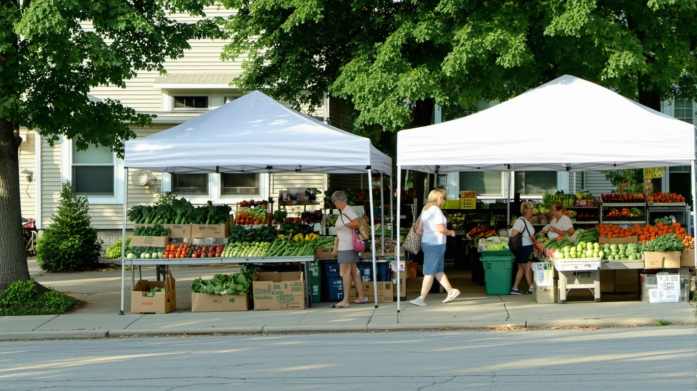 A suburban farmer's market in Gahanna, Ohio on a summer morning, with vendors setting up produce stalls.