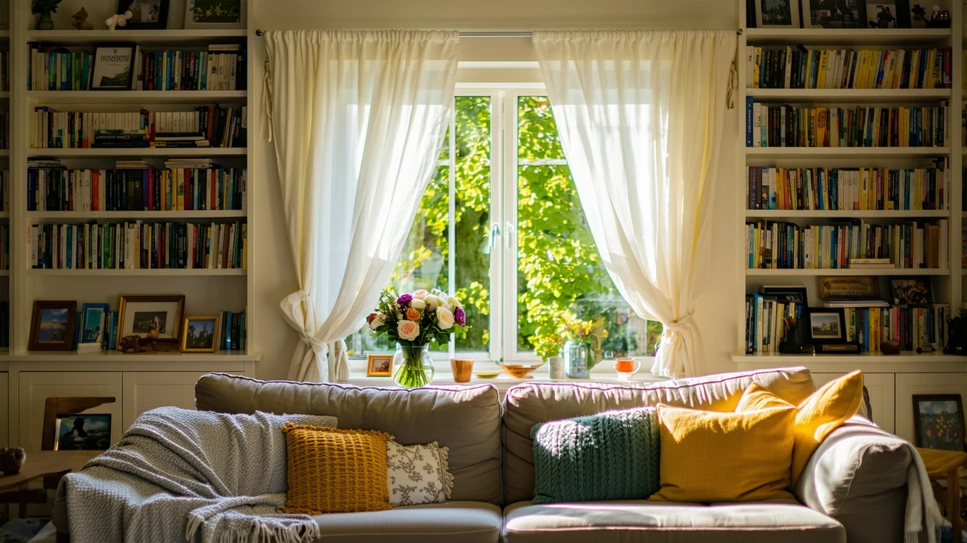 A cozy living room with a couch and bookshelves, illuminated by soft afternoon light filtering through sheer curtains.