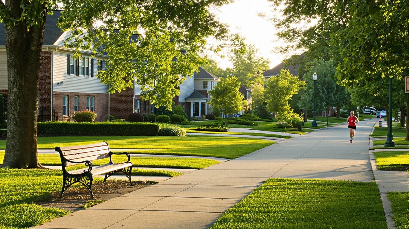 A view of a tidy neighborhood park in Gahanna, Ohio with a path, bench, and houses visible.