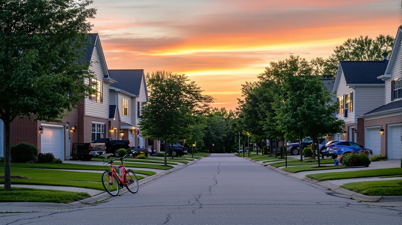 A peaceful suburban street in Gahanna, Ohio at sunset, with a child's bicycle lying near the curb and warm light glowing from the windows of the surrounding homes.