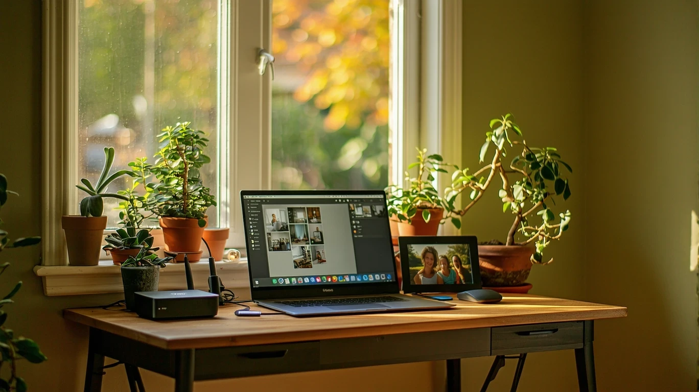 A home office nook with an ethernet cable running to a desk with a modem and router.