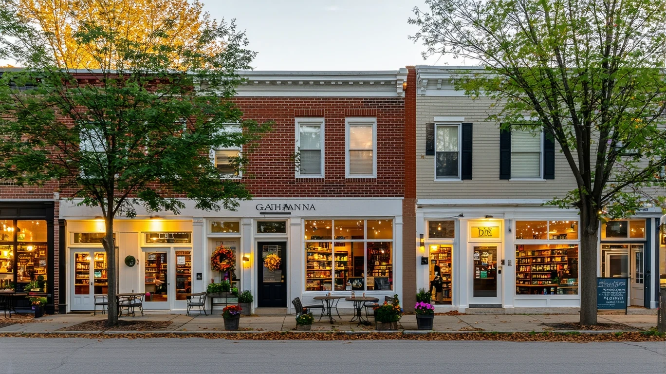A quiet street in Gahanna, Ohio lined with small local shops and tidy homes at dusk.