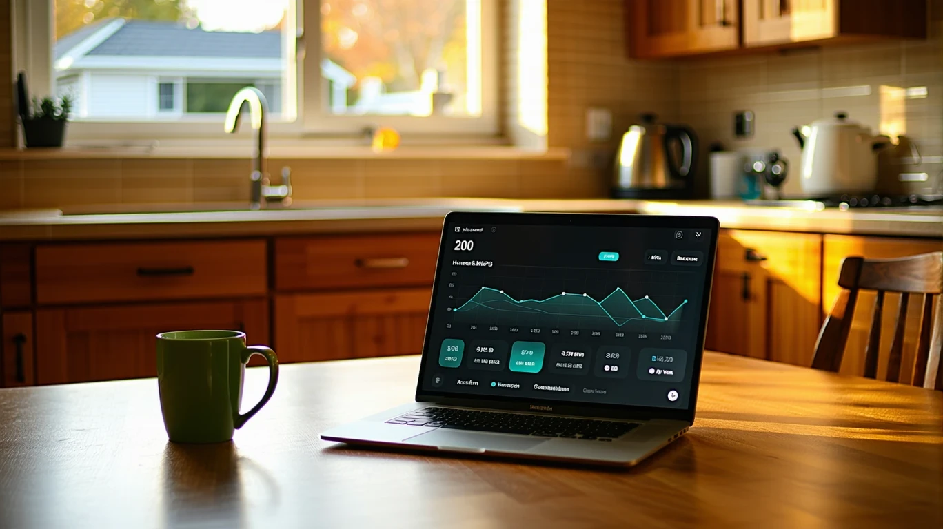 A laptop showing an internet speed test on a kitchen table, with coffee mug beside it.
