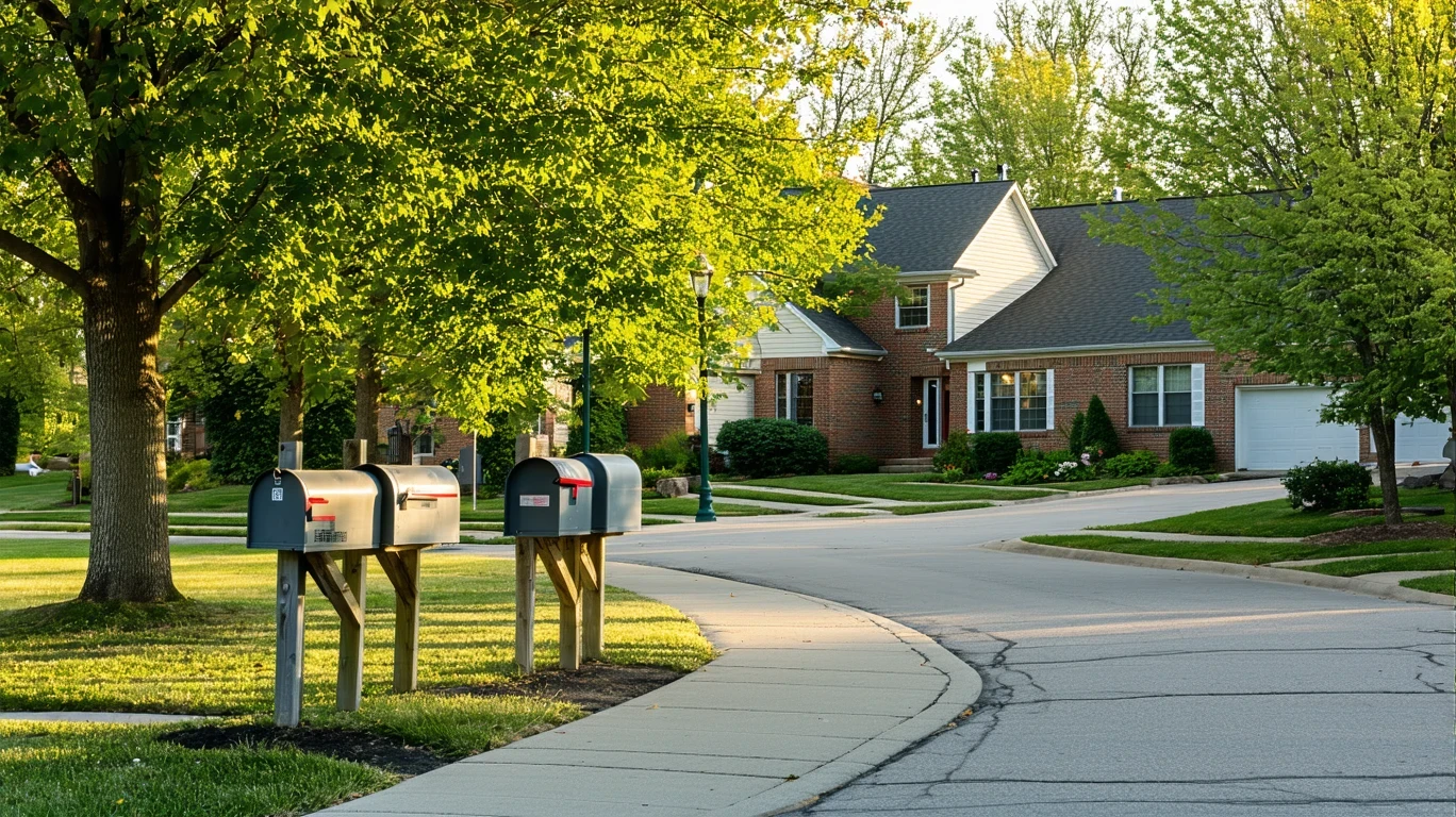 A curved sidewalk with gray mailboxes in a sunlit suburban neighborhood.