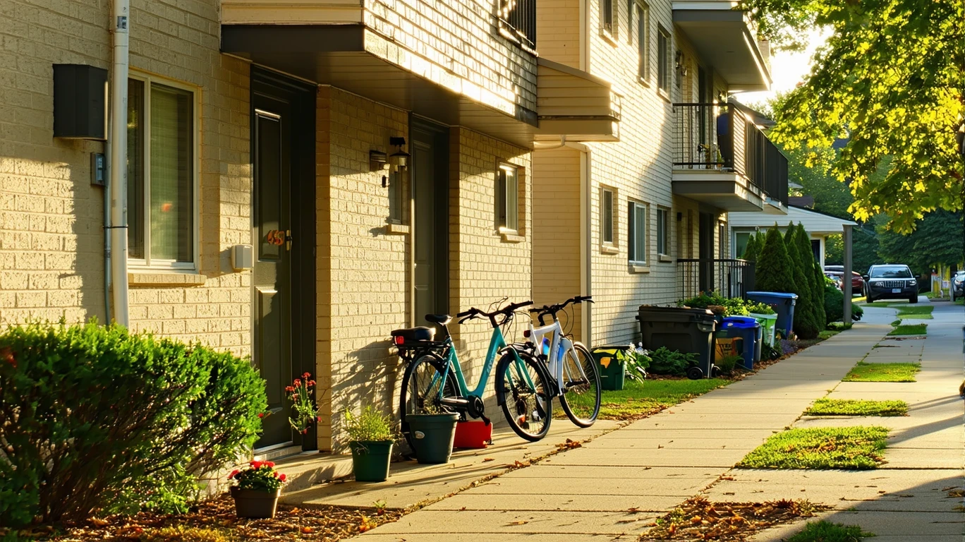 Exterior view of a small apartment building with bikes and plants by the doors.
