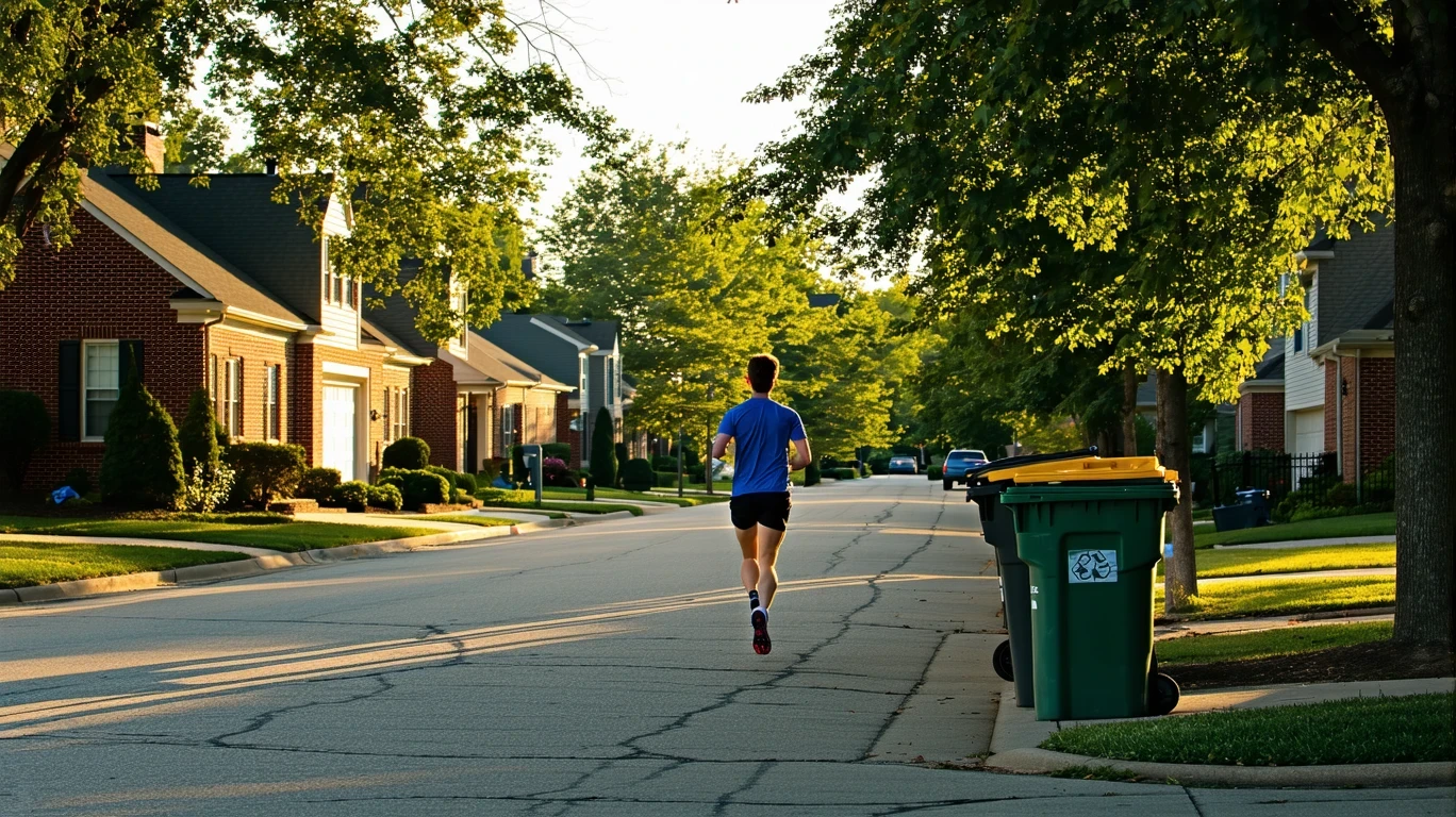 A jogger runs past trash bins lining a tree-shaded residential street of red-brick homes on a sunny morning in Greenwood, Indiana.