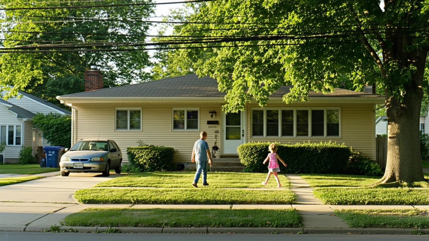 A suburban street corner in Greenwood, Indiana with an older car parked on the curb, a single-story home, and a father and daughter walking on the sidewalk.