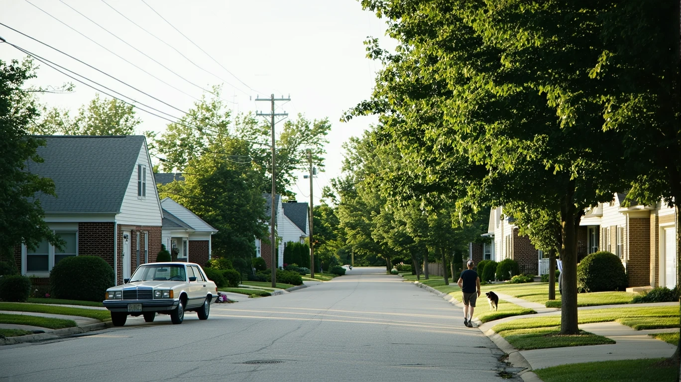 Tree-lined residential street in Greenwood, Indiana with houses and parked car.