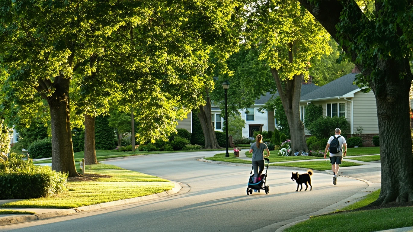 A tree-lined suburban street curves past well-kept homes in Greenwood on a sunny day, with a woman jogging with a stroller and a man walking his dog.