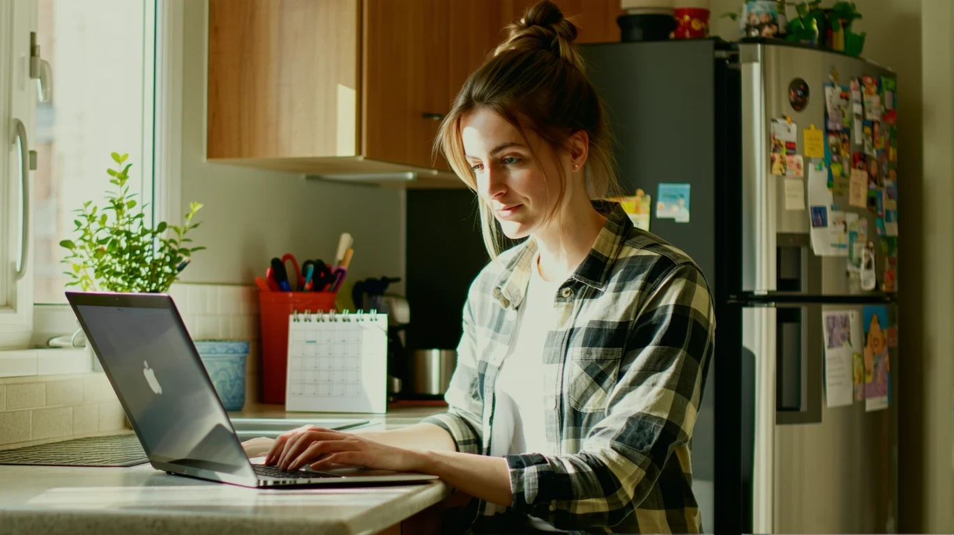 A single parent reviews their monthly budget on a laptop at their kitchen counter in Greenwood, Indiana.