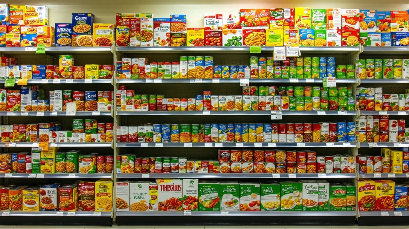 Shelves of canned goods in a small grocery store in Greenwood, Indiana.