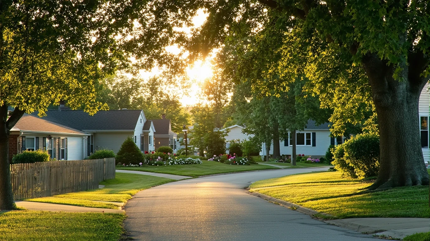 A tree-lined suburban street in Grove City, Ohio with a winding sidewalk and ranch-style homes visible through the foliage.